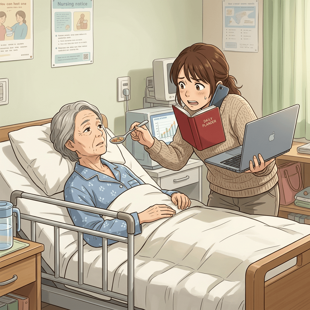 Caregiver feeds older woman in hospital bed beside posters labeled Nursing notice and Daily Planner